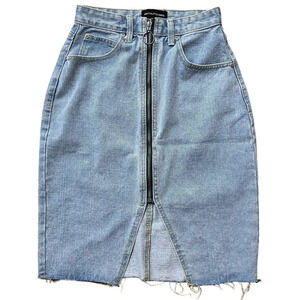 Pretty Little Thing Light Wash High Waist Midi Denim Skirt Front Zip US Size 2